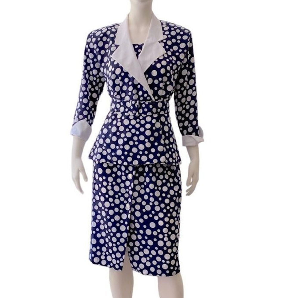 Vintage 80s Navy Blue Polka Dot Peplum Skirt Suit Set Rockabilly Pinup Medium